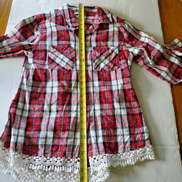 Shyanne Red Flannel Plaid Button Up with Crochet Lace Trim - Picture 11 of 14